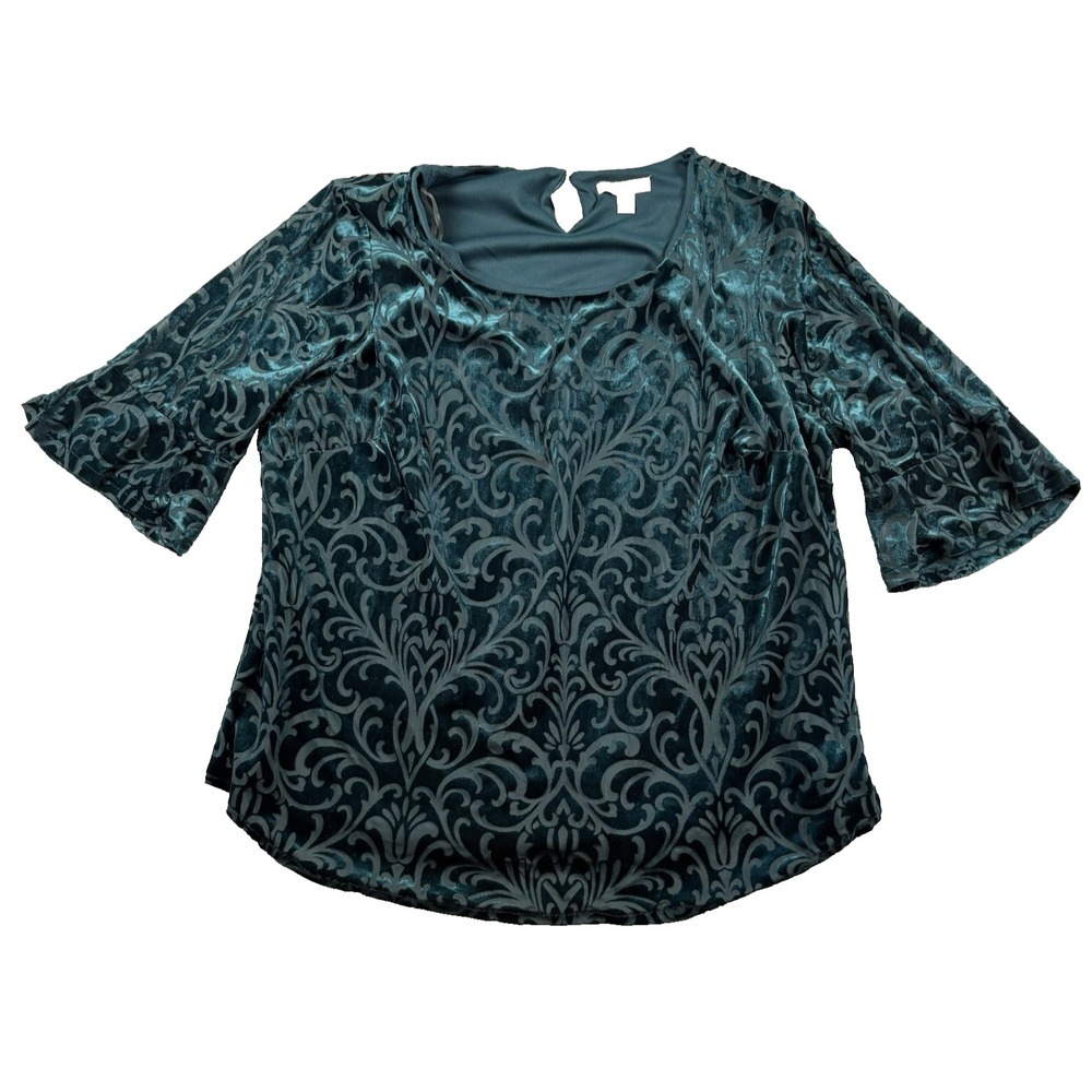 Dress Barn 2X Top Velvet Burnout Whimsigoth Dark Green Vintage Women Long Sleeve
